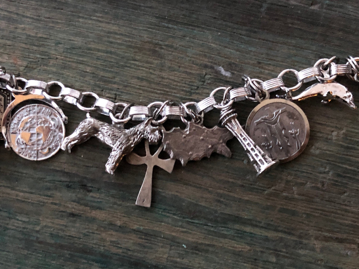 Sterling Silver Charm Bracelet w Dolphin, Scottie Dog, Drum, Elephant & More