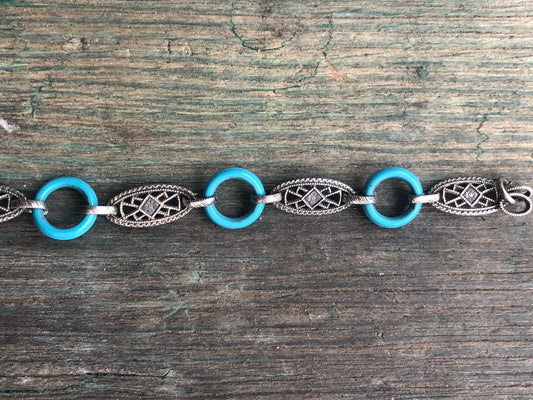 Vintage Sterling Silver & Turquoise Early Plastic O Loops Bracelet