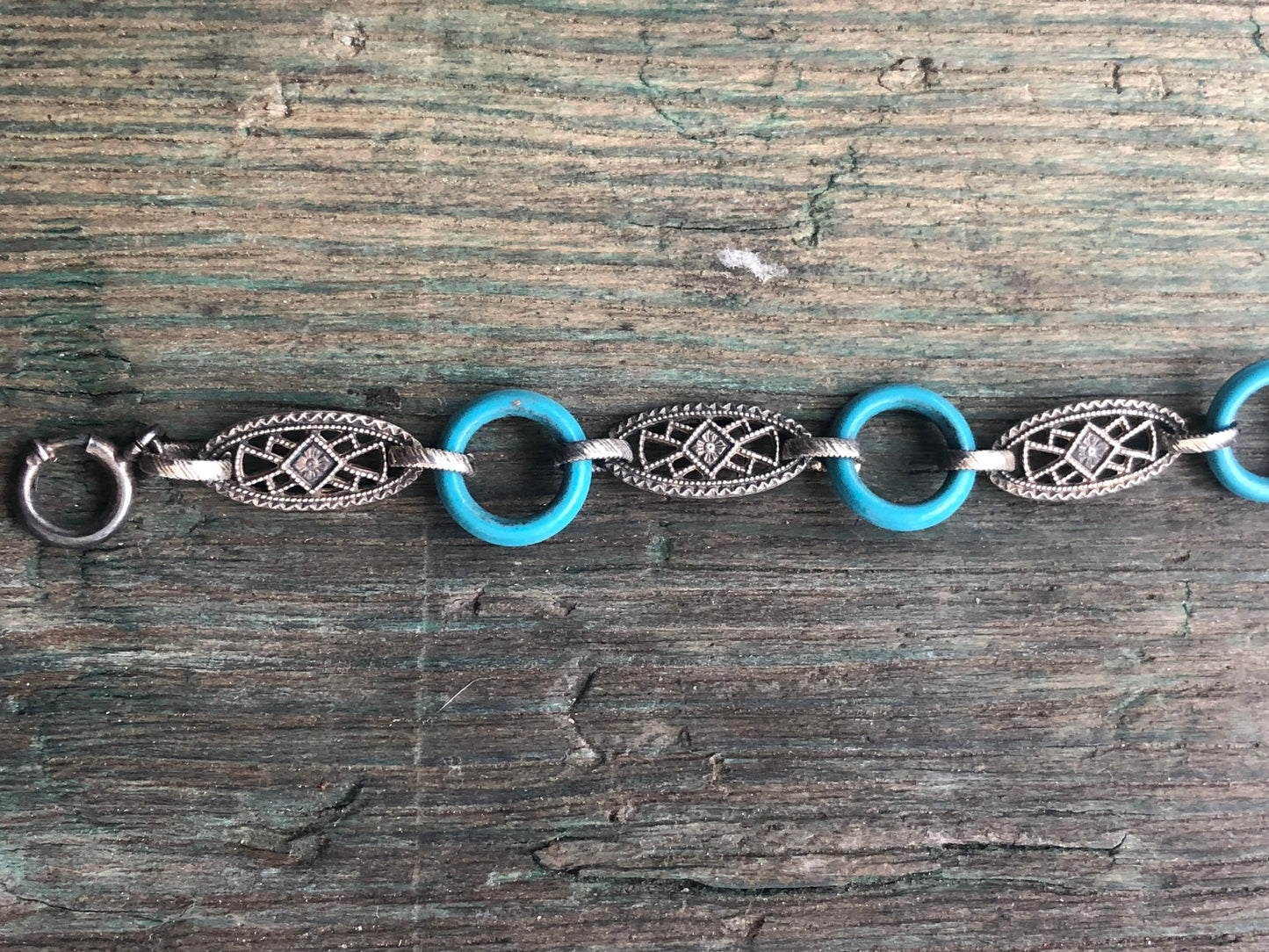 Vintage Sterling Silver & Turquoise Early Plastic O Loops Bracelet