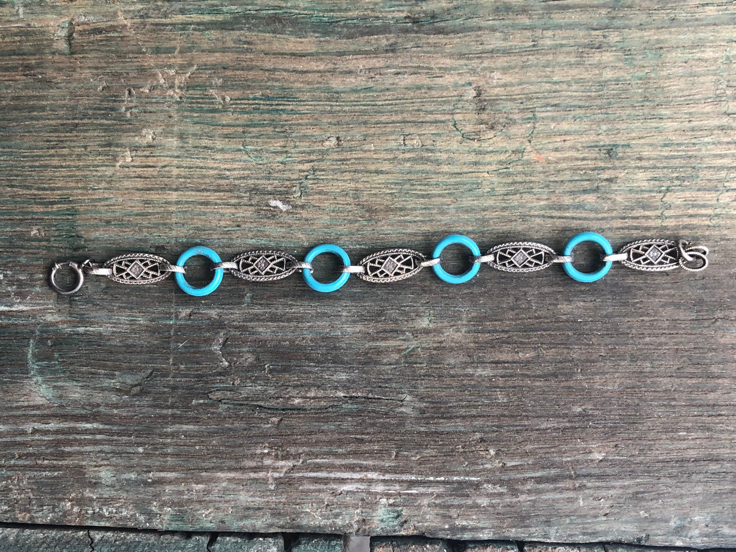 Vintage Sterling Silver & Turquoise Early Plastic O Loops Bracelet