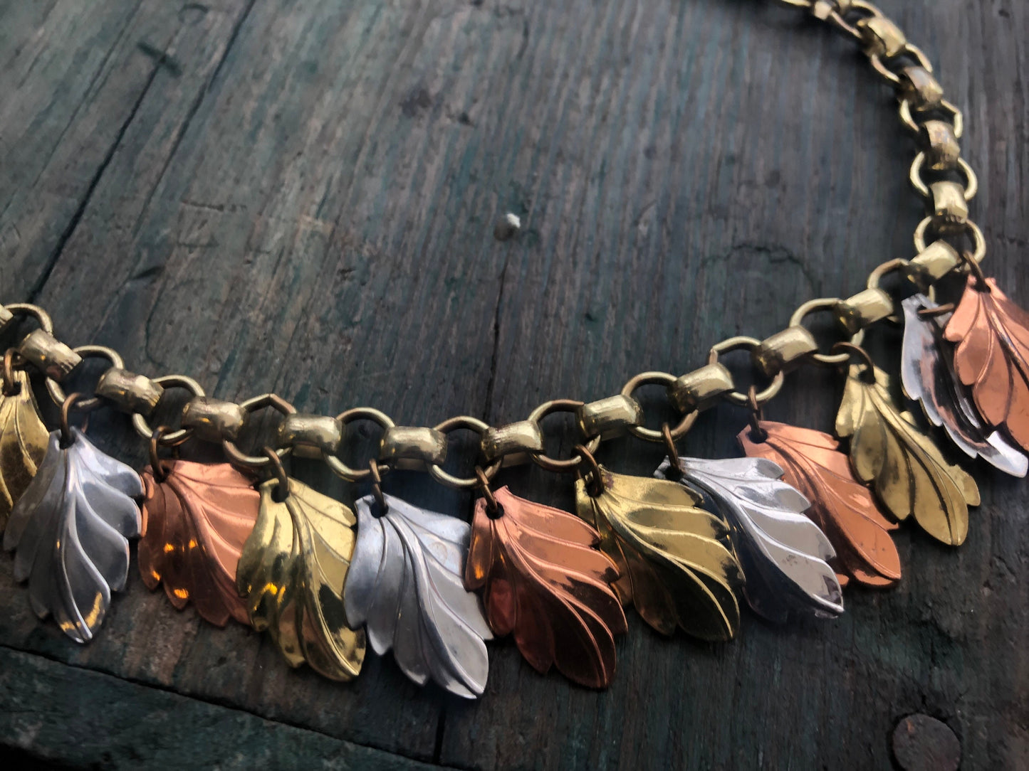 Vintage Mixed Tri Metal Embossed Leaf Charm Necklace : Copper, Brass & Silver