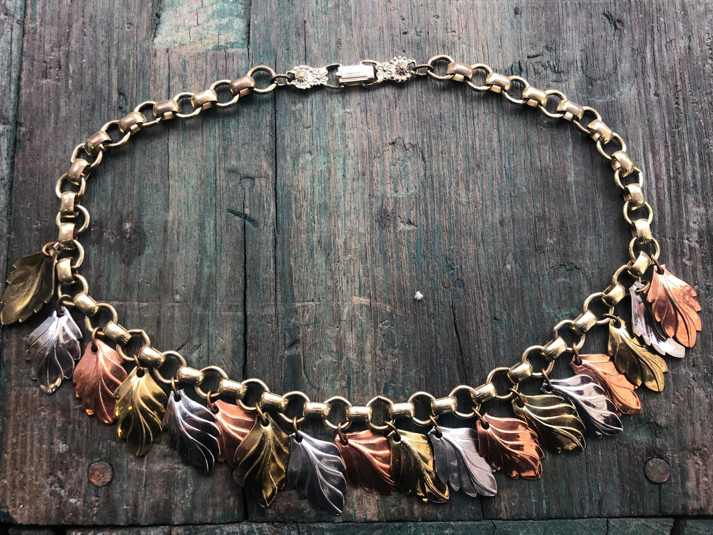 Vintage Mixed Tri Metal Embossed Leaf Charm Necklace : Copper, Brass & Silver