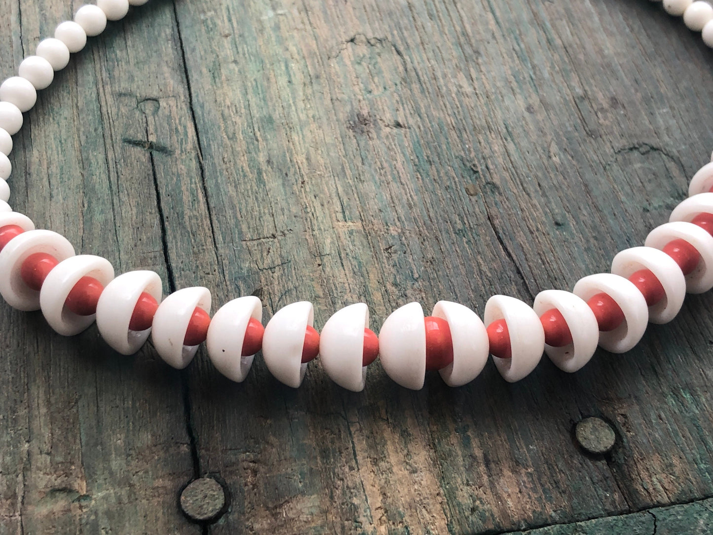 Unique Vintage Glass White & Orange Bead West German Necklace
