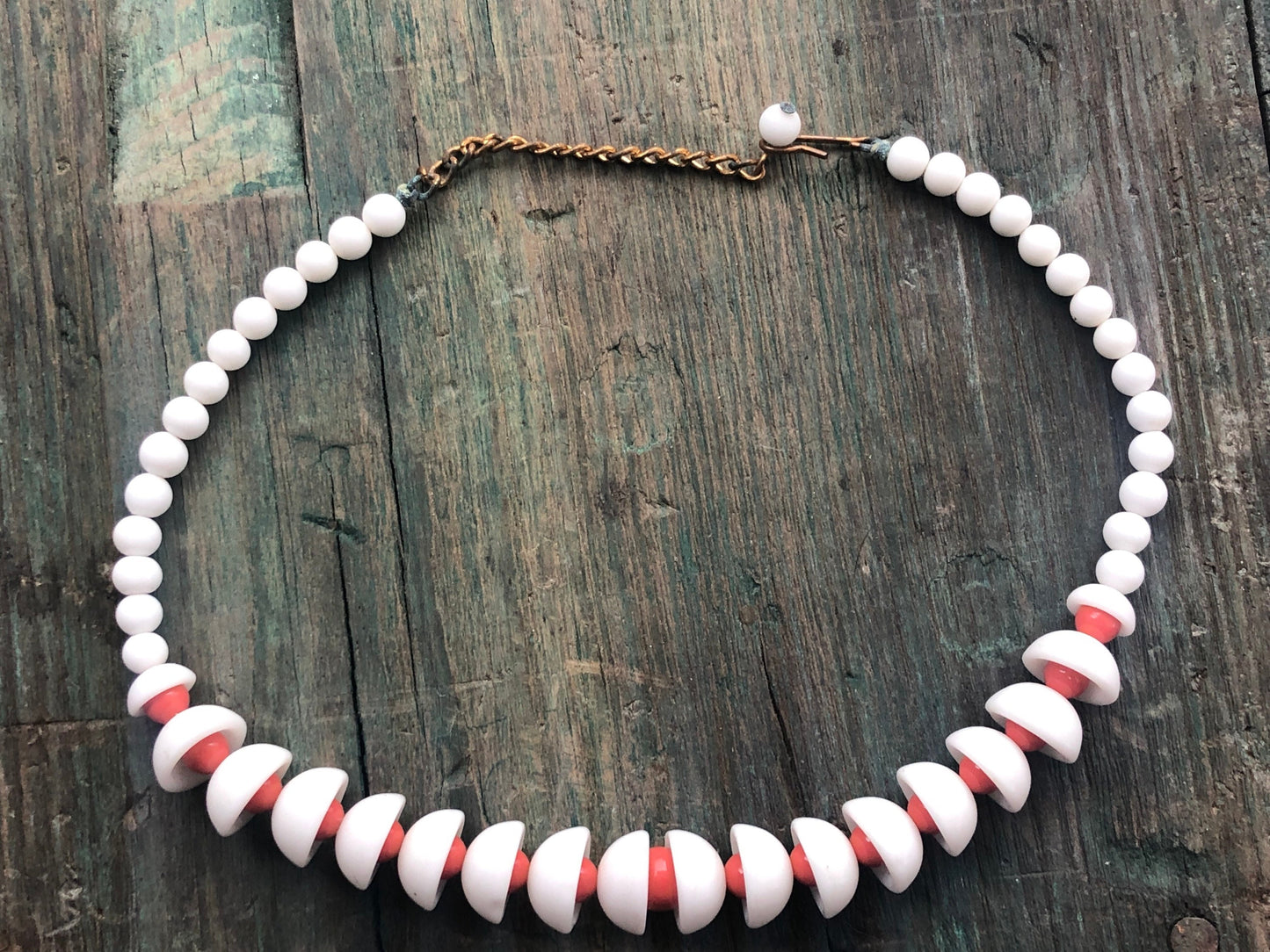 Unique Vintage Glass White & Orange Bead West German Necklace