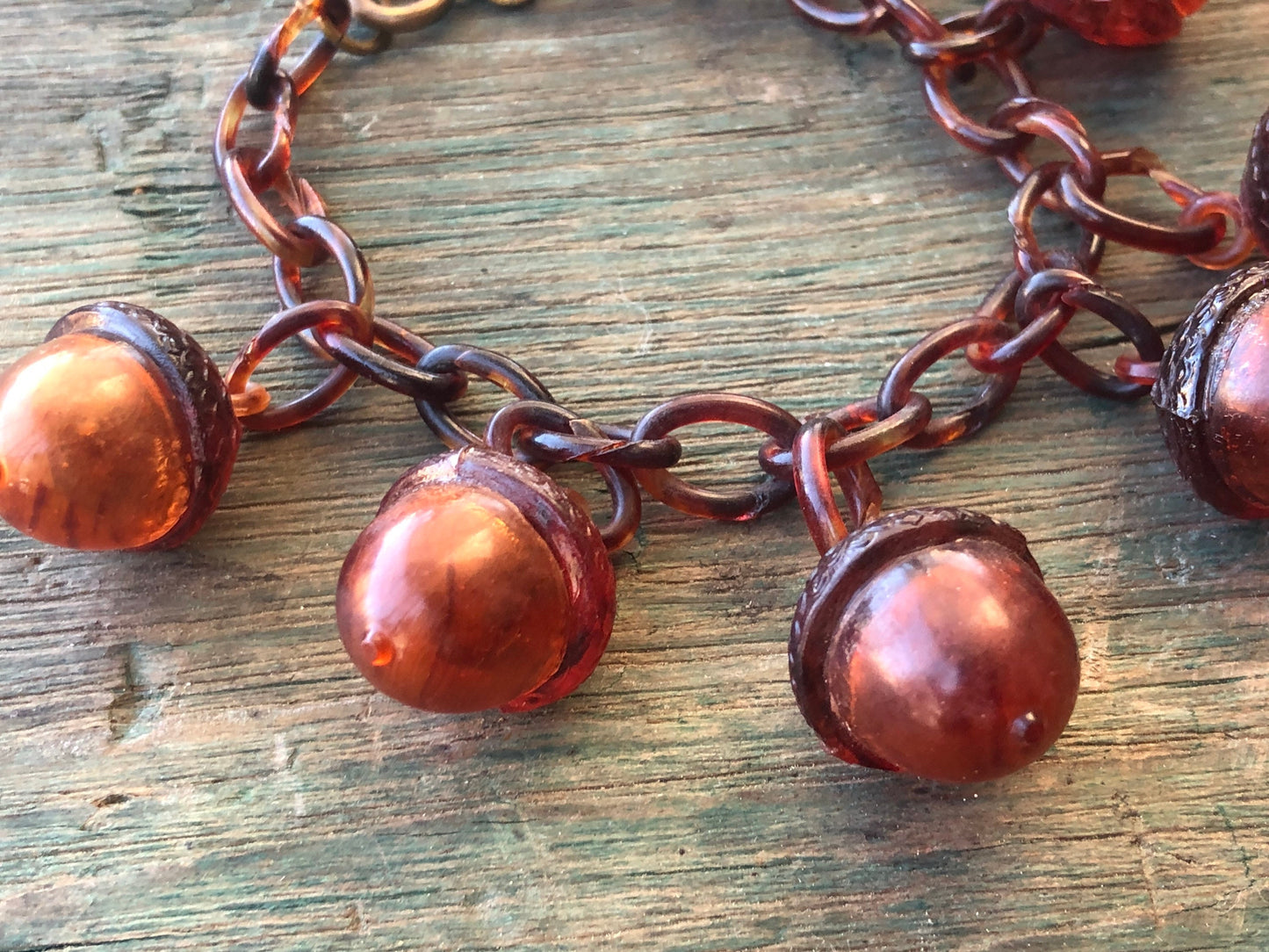 Antique Early Celluloid Plastic Hollow Tortoise Shell Acorn Charms on Plastic Link Bracelet