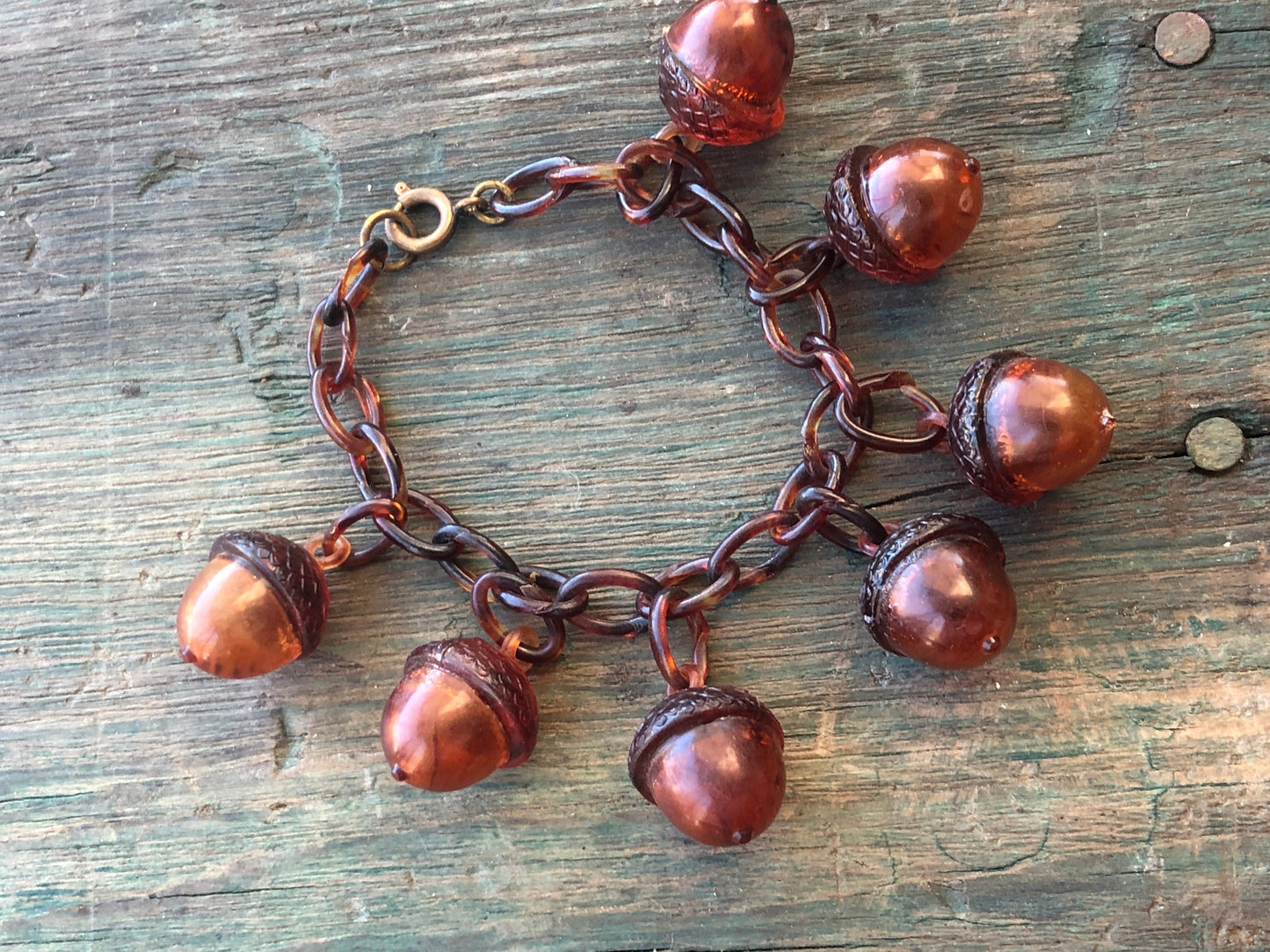 Antique Early Celluloid Plastic Hollow Tortoise Shell Acorn Charms on Plastic Link Bracelet