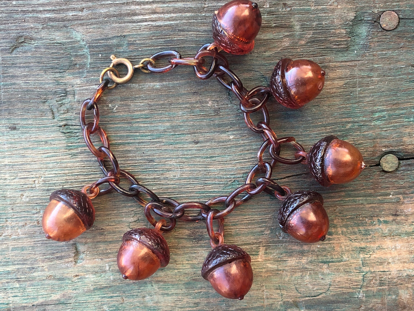Antique Early Celluloid Plastic Hollow Tortoise Shell Acorn Charms on Plastic Link Bracelet
