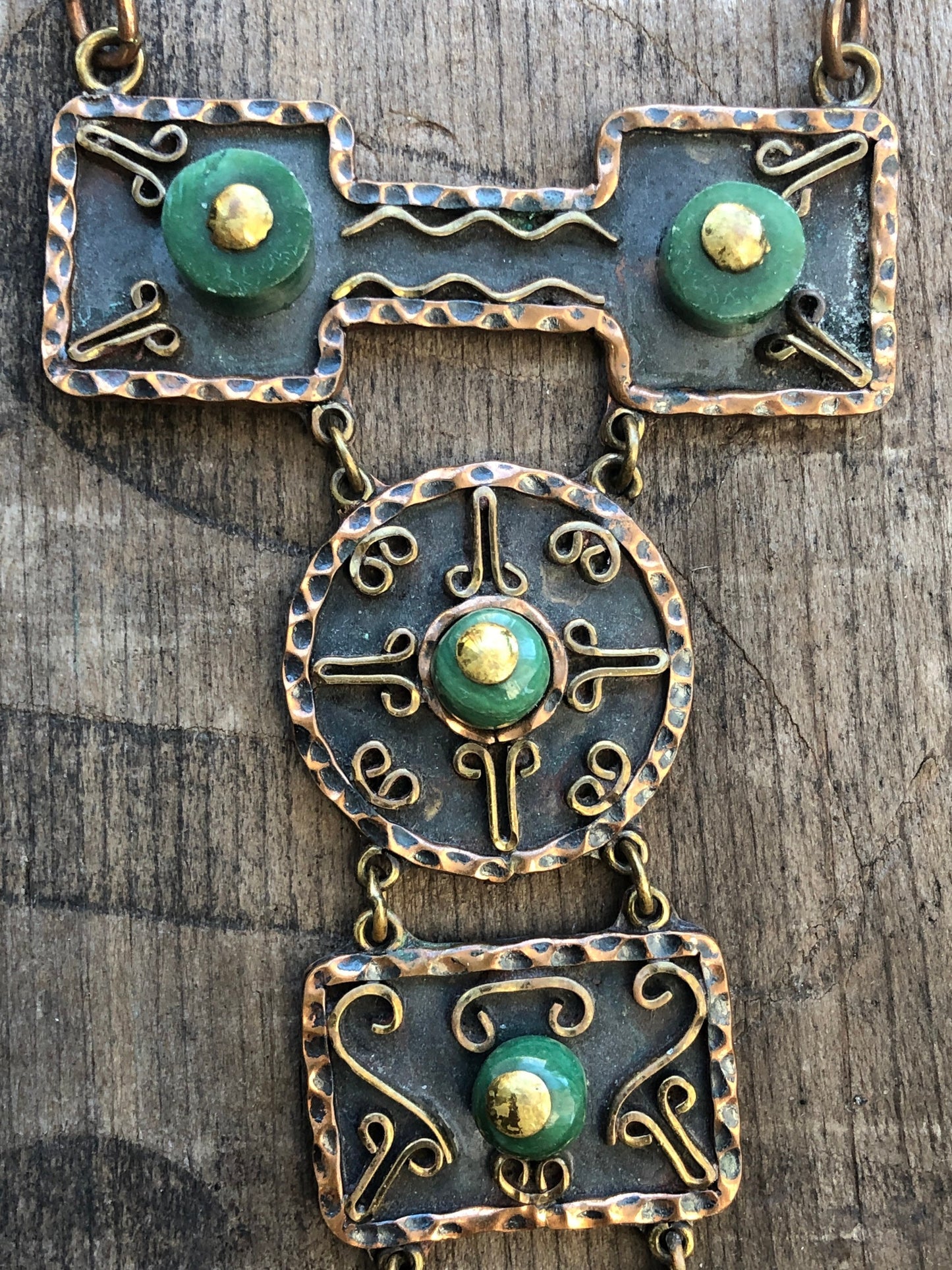 Vintage Mexican Mixed Metal Copper & Brass with Green Jade Agate Gemstone Necklace