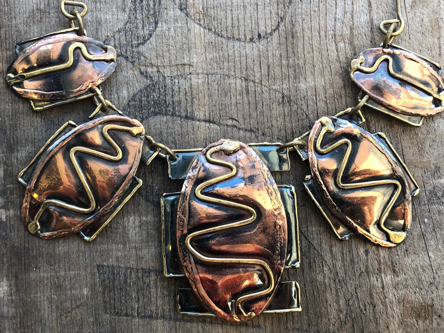 Vintage Mixed Metal Barbaric Arts & Crafts Copper, Brass and Silver Snake Necklace