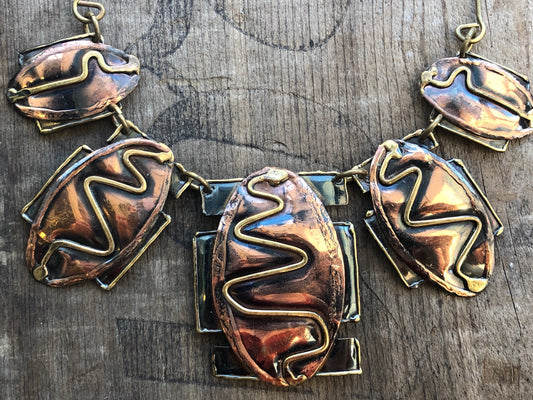 Vintage Mixed Metal Barbaric Arts & Crafts Copper, Brass and Silver Snake Necklace