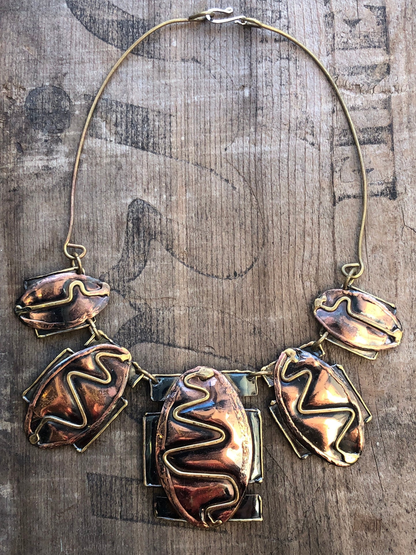 Vintage Mixed Metal Barbaric Arts & Crafts Copper, Brass and Silver Snake Necklace
