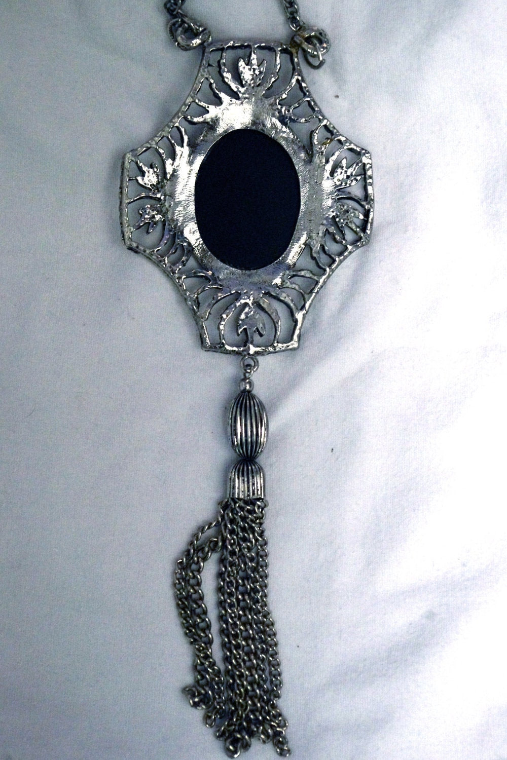Vintage Chunky Unique Hematite & Silver Tassel Art Deco Pendant Long Lavaliere Necklace