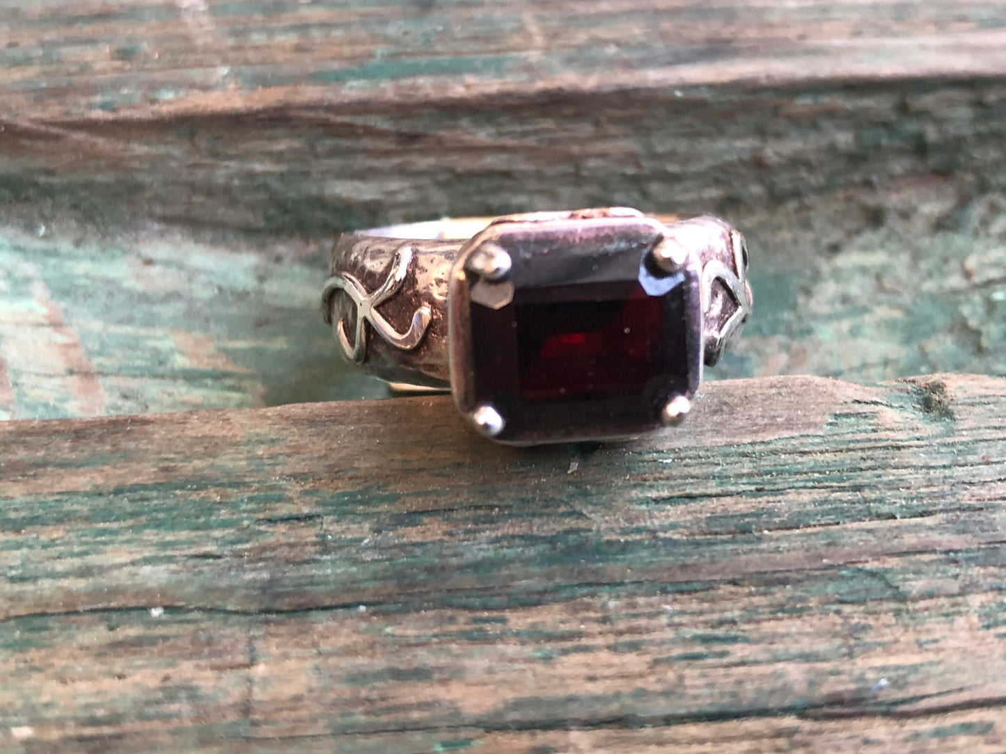 Vintage Red Garnet Chunky Hammered Unique Sterling Silver Ring