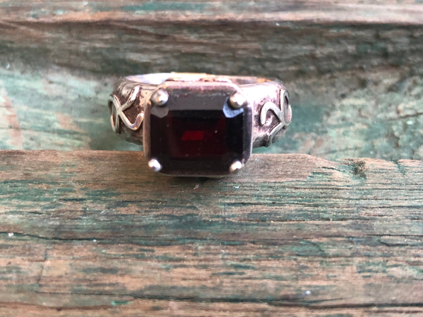 Vintage Red Garnet Chunky Hammered Unique Sterling Silver Ring