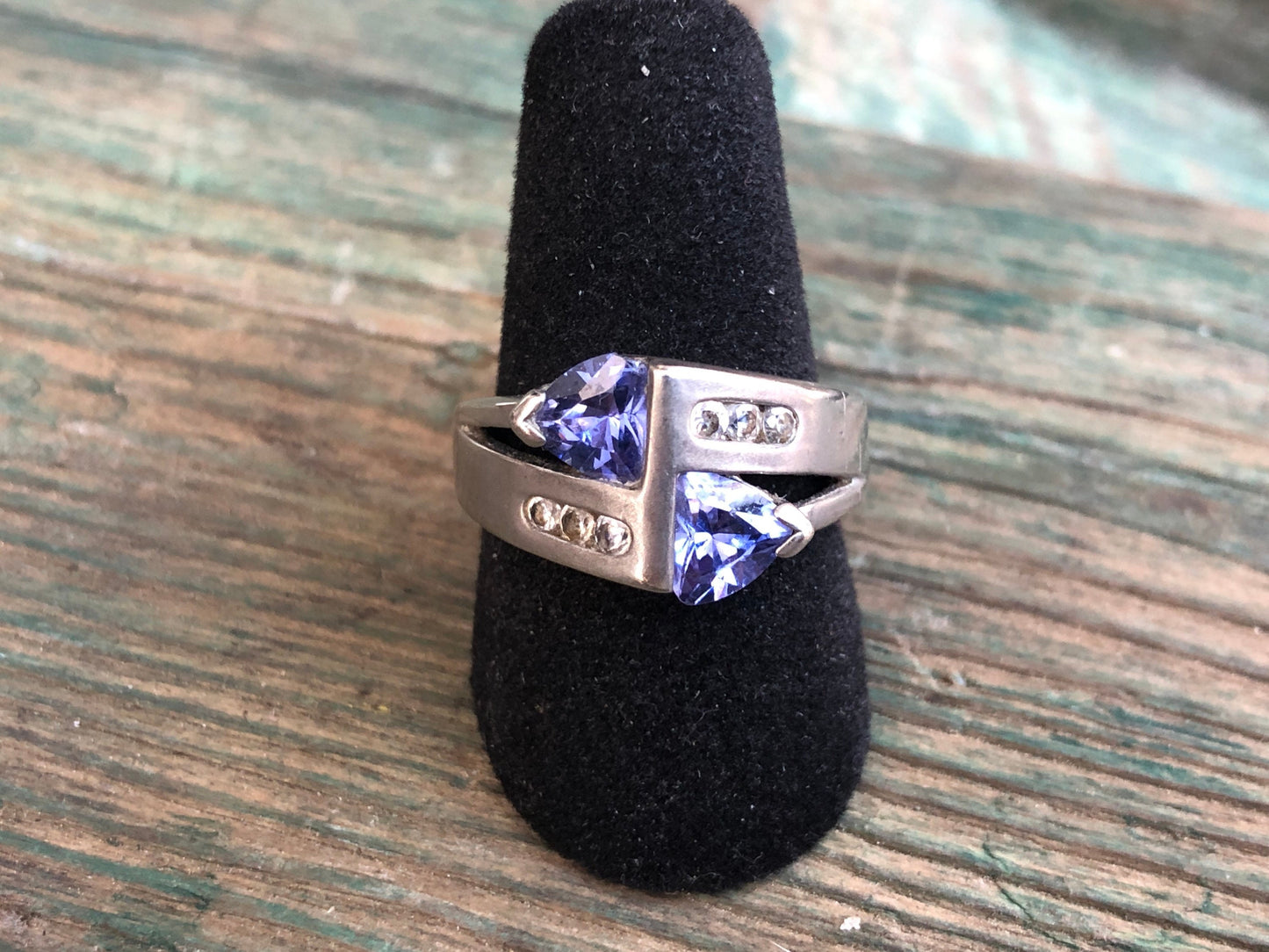 Vintage Purple Blue Triangle Tanzanite & Topaz Gemstone Sterling Ring