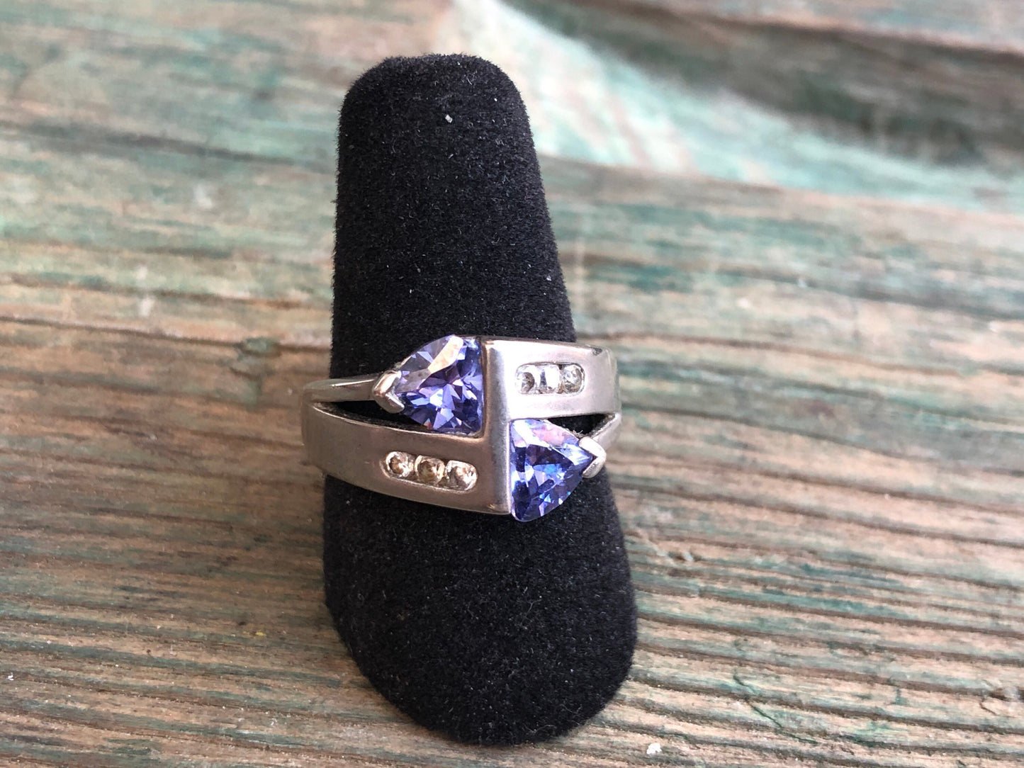 Vintage Purple Blue Triangle Tanzanite & Topaz Gemstone Sterling Ring