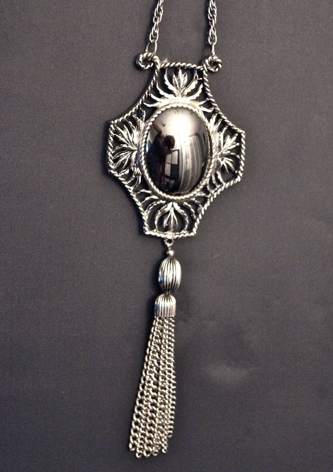 Vintage Chunky Unique Hematite & Silver Tassel Art Deco Pendant Long Lavaliere Necklace