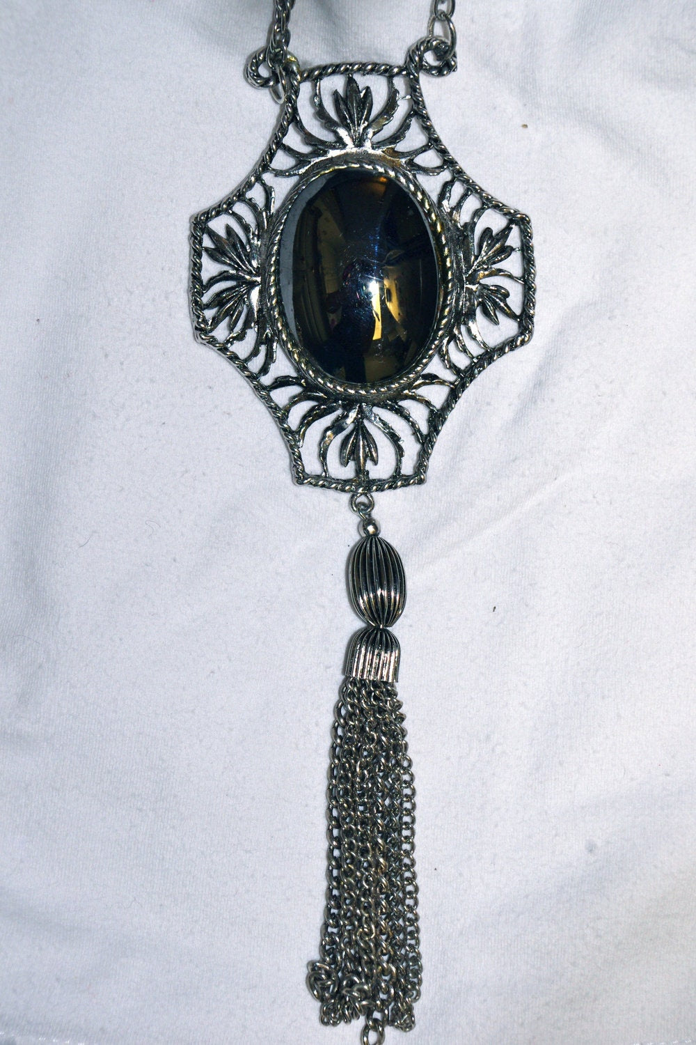 Vintage Chunky Unique Hematite & Silver Tassel Art Deco Pendant Long Lavaliere Necklace