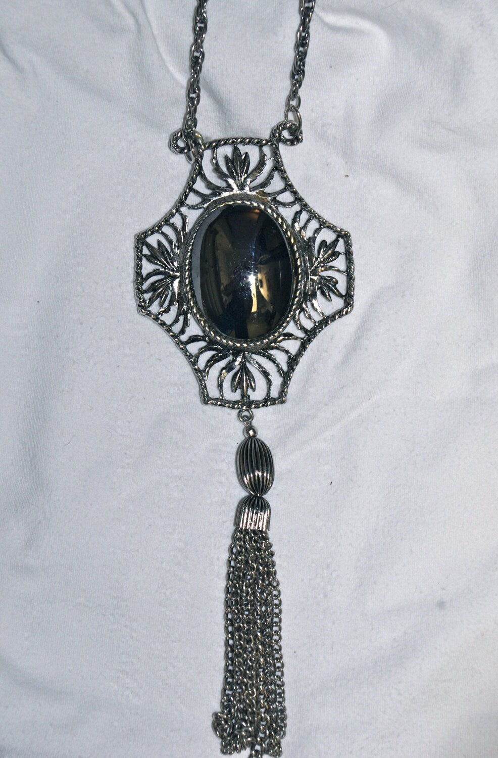 Vintage Chunky Unique Hematite & Silver Tassel Art Deco Pendant Long Lavaliere Necklace