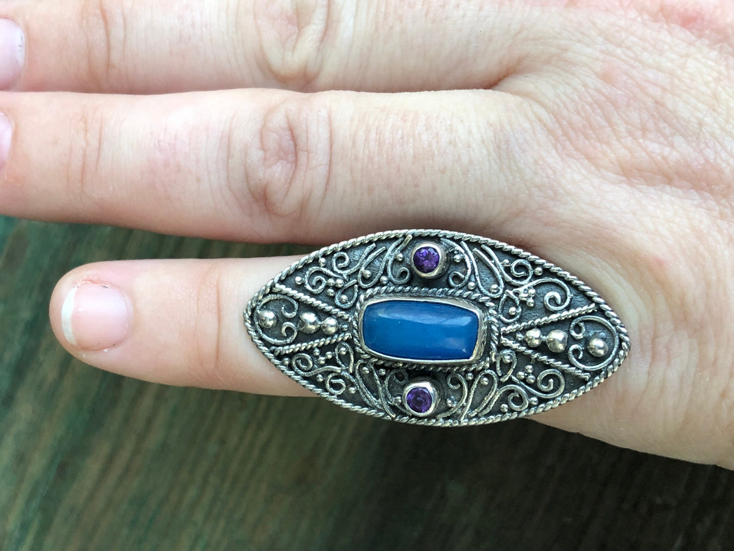 Vintage Blue Jadeite & Amethyst Long Ornate Moroccan Sterling Silver Ring