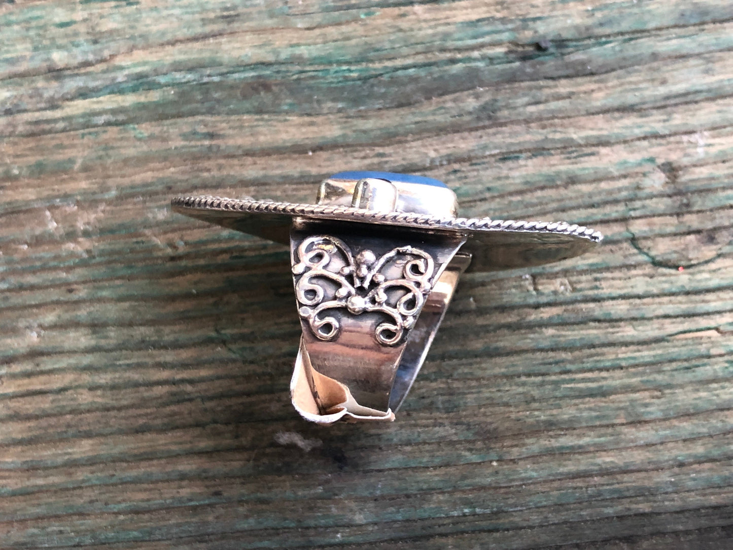 Vintage Blue Jadeite & Amethyst Long Ornate Moroccan Sterling Silver Ring