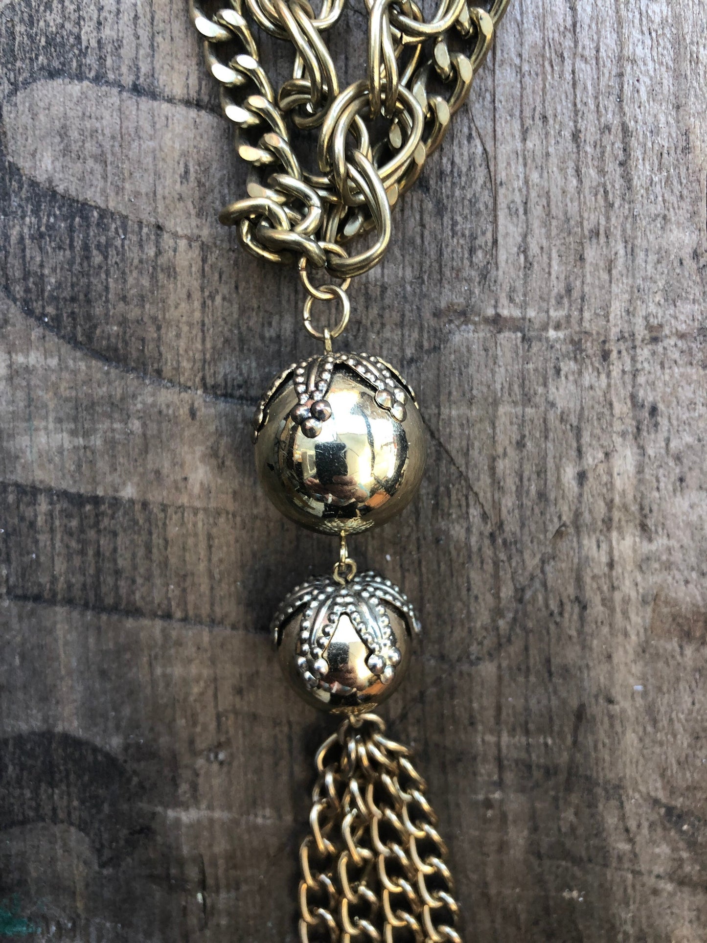 Vintage 1960 Gold Brass Multi Chain & Ball Tassel Necklace
