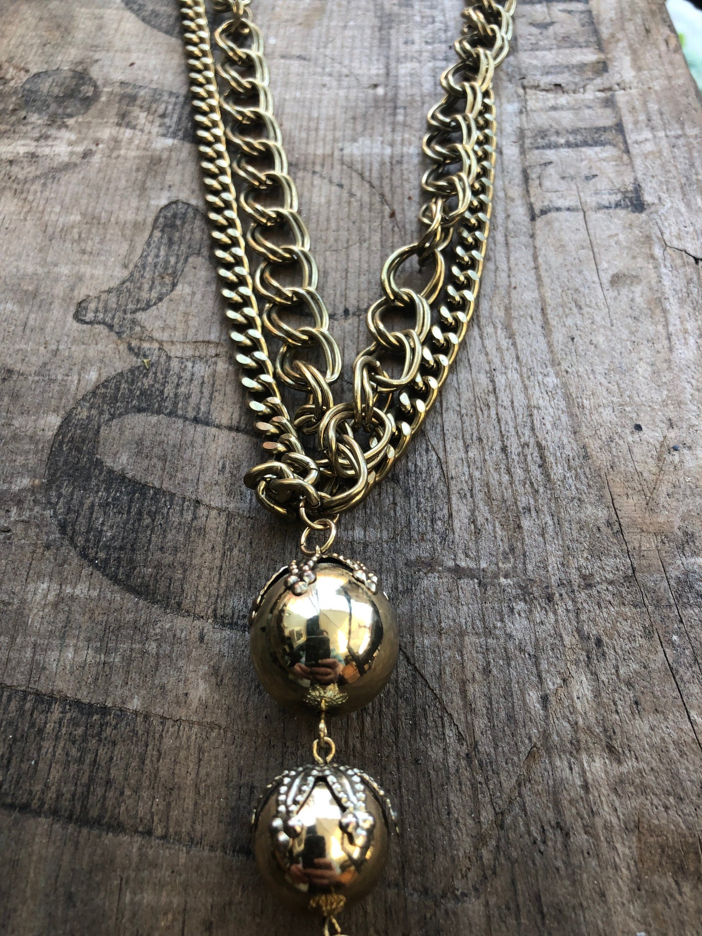 Vintage 1960 Gold Brass Multi Chain & Ball Tassel Necklace