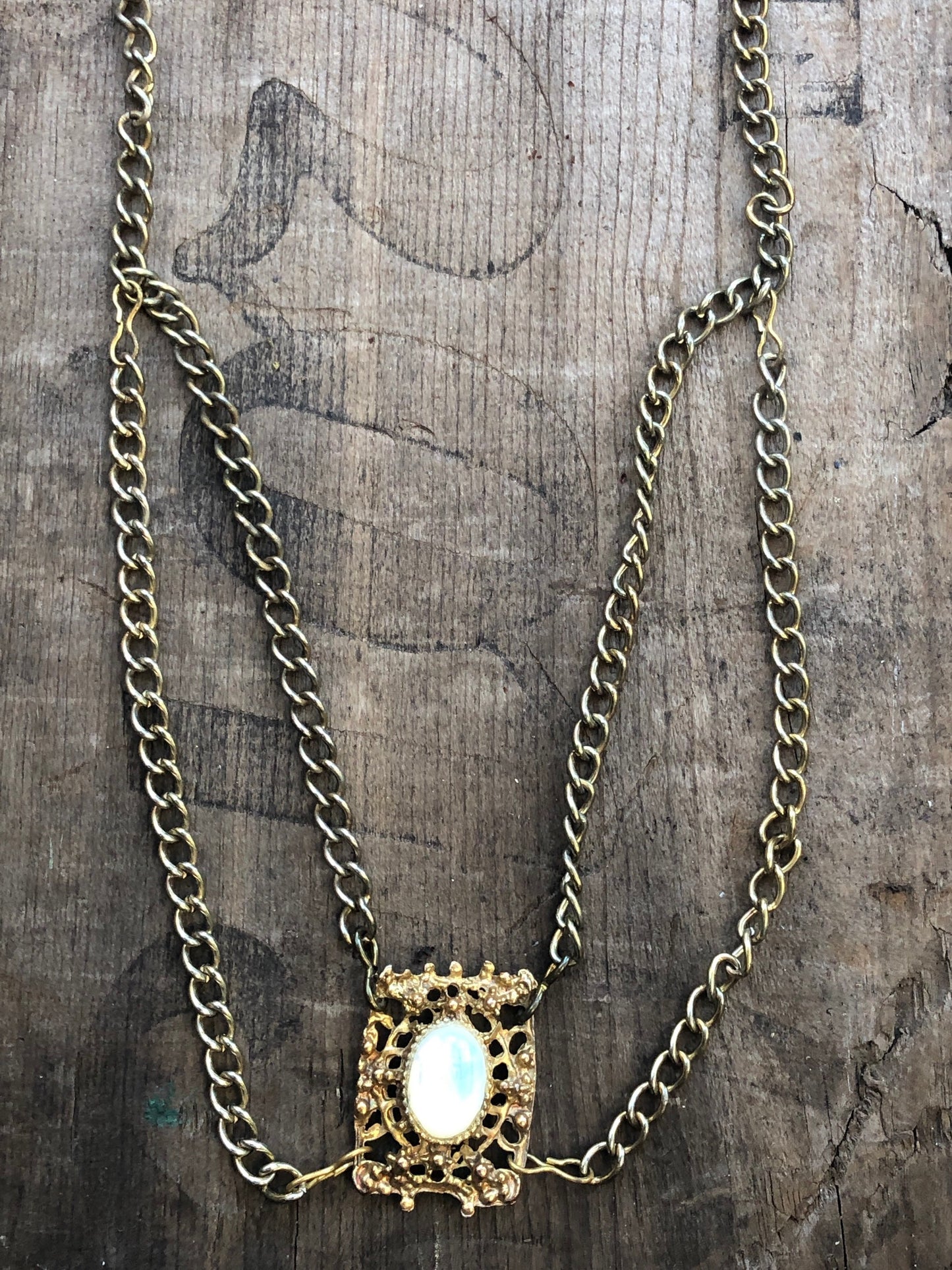 Vintage Gold Multi Chain & Glass Moonstone Bib Necklace