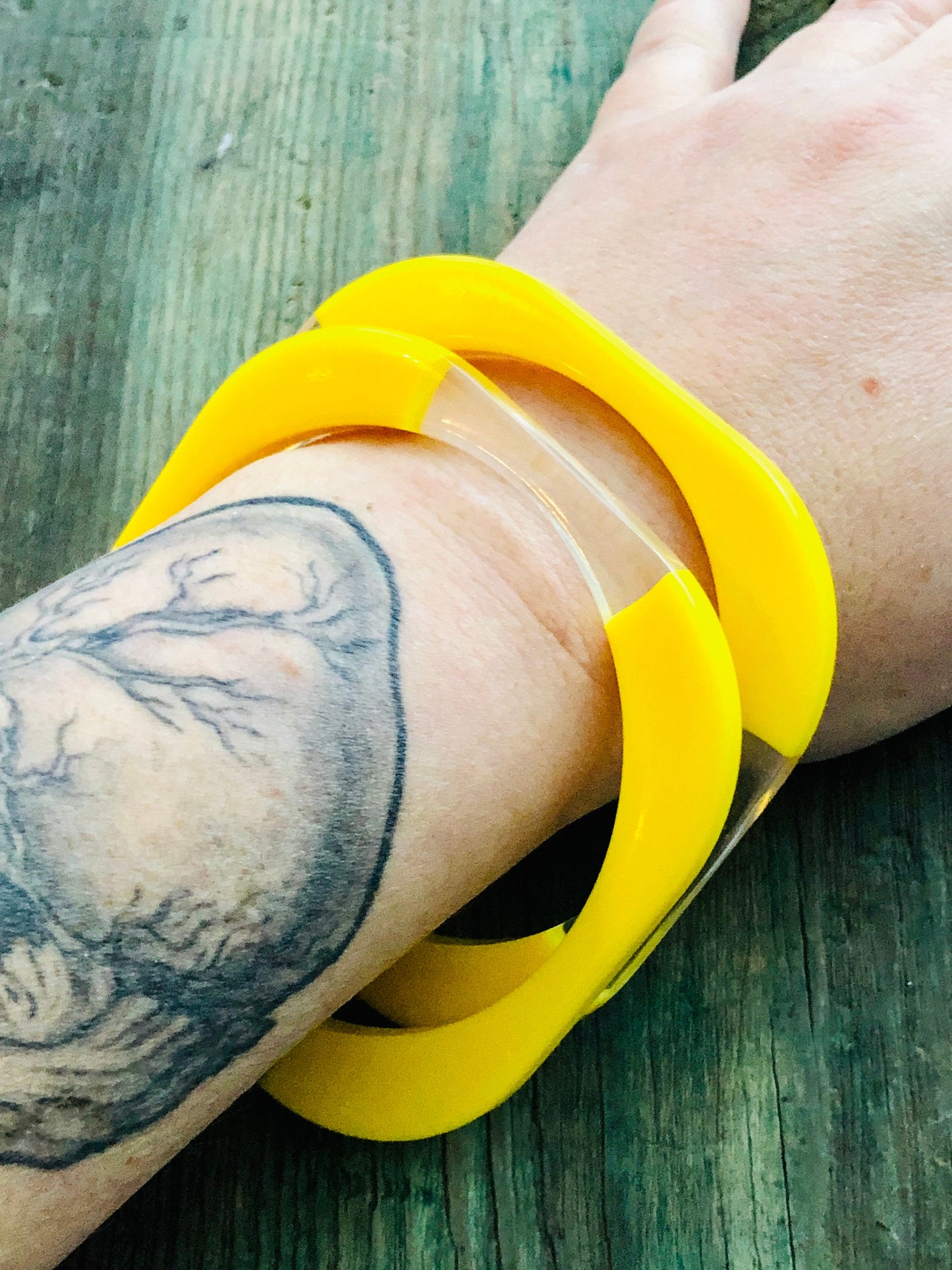 Vintage Bright Yellow & Clear Lucite Geometric Plastic Bangles Set