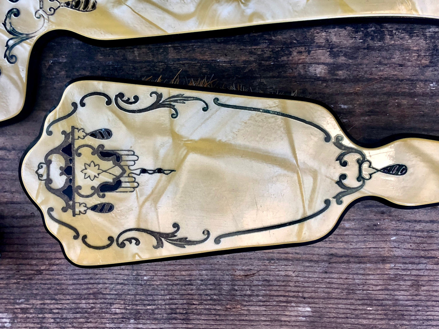 Antique 1920’s Marbleized Cream & Black Art Nouveau 6 pcs Vanity Set : Mirror, Brush & More