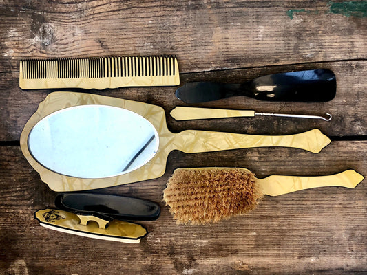 Antique 1920’s Marbleized Cream & Black Art Nouveau 6 pcs Vanity Set : Mirror, Brush & More