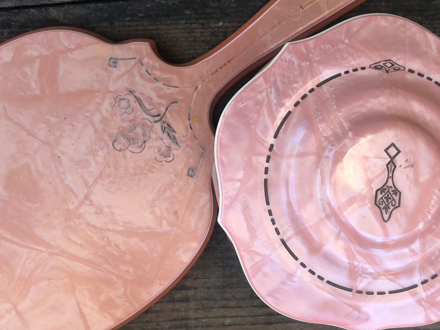 Vintage DuPont Pink Marbleized Vanity Set Mirror & Glass Jar
