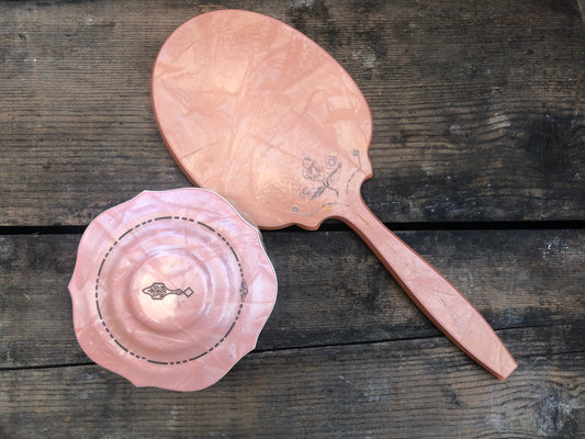 Vintage DuPont Pink Marbleized Vanity Set Mirror & Glass Jar