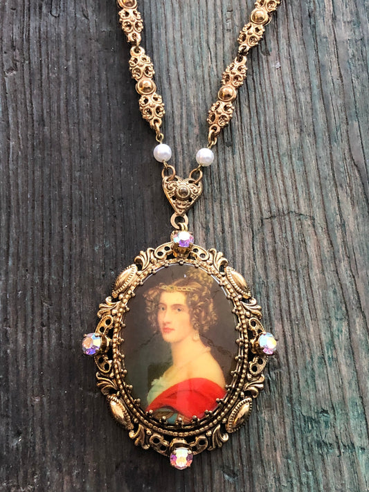 West German 1940 Vintage Limoge Portrait Cameo Gold Brass Filigree Necklace with Aurora Borealis Crystal Rhinestones and Pearls