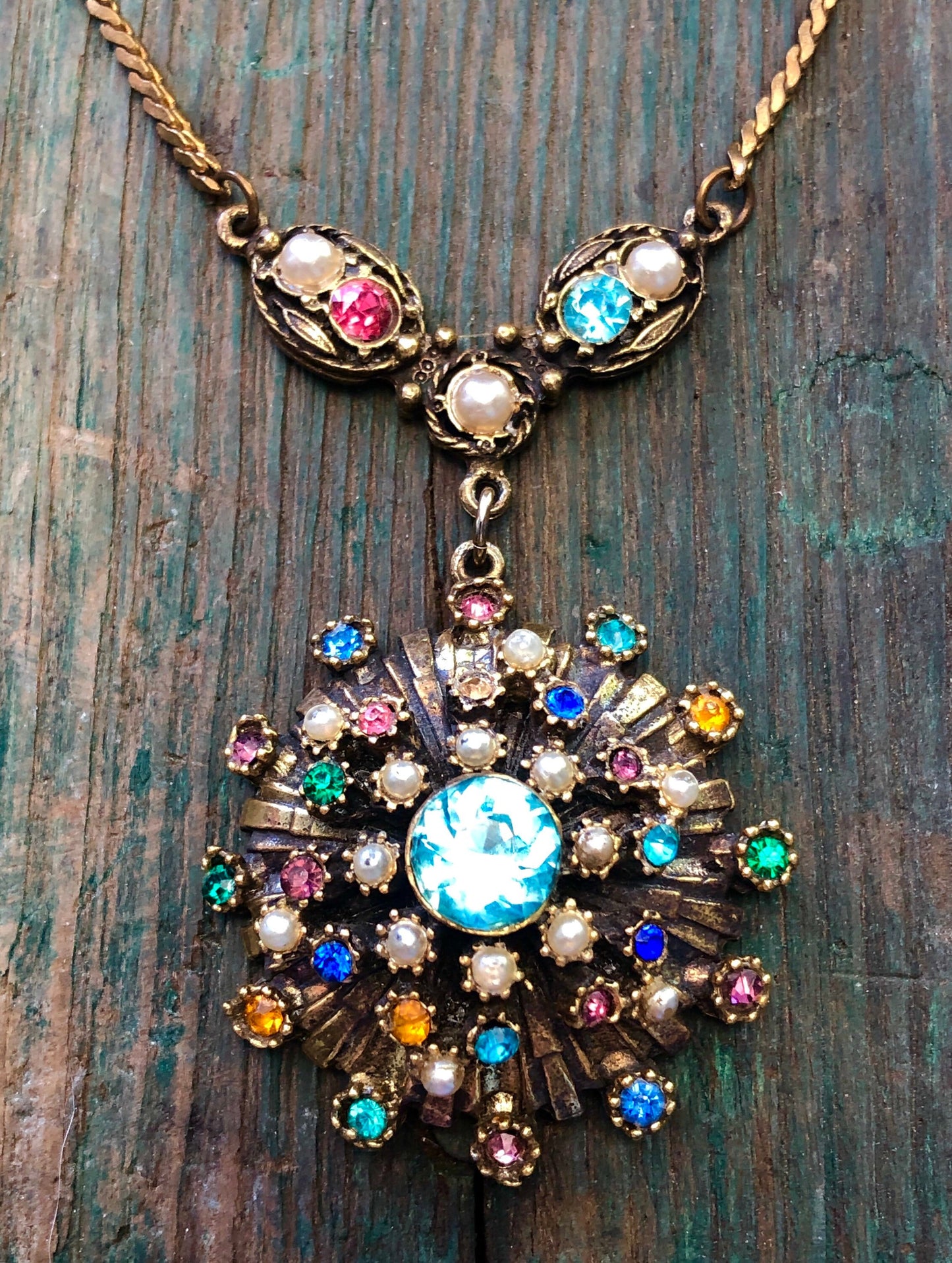Gorgeous Fruit Salad Multi Colored Crystal Rhinestone & Pearl Brass Necklace