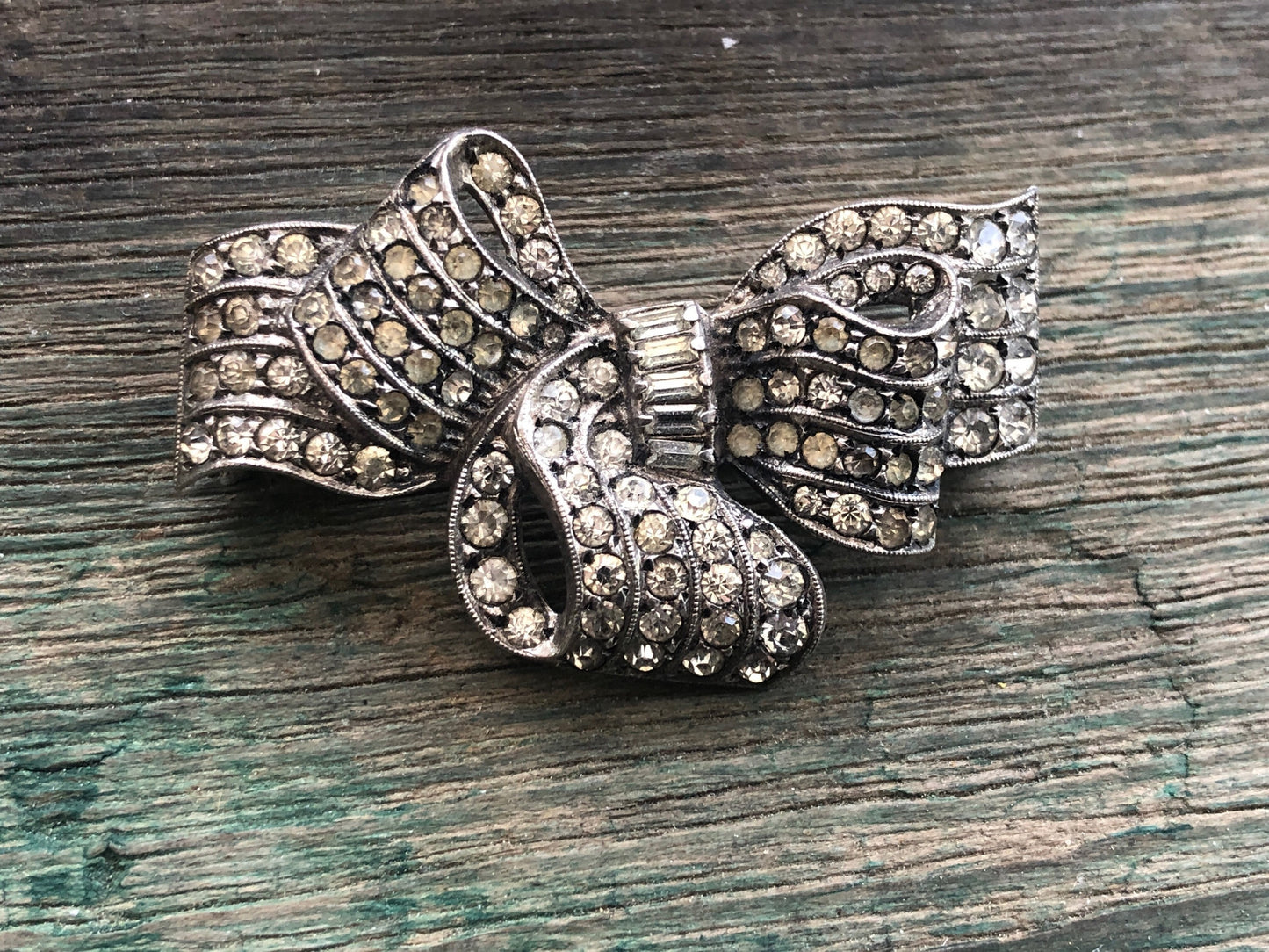 Art Deco Sterling Silver & Crystal Rhinestone Bow Shaped Brooch Signed Otis