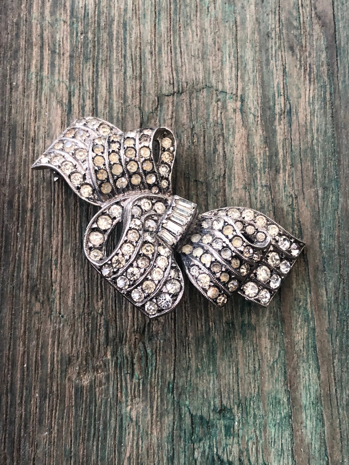 Art Deco Sterling Silver & Crystal Rhinestone Bow Shaped Brooch Signed Otis