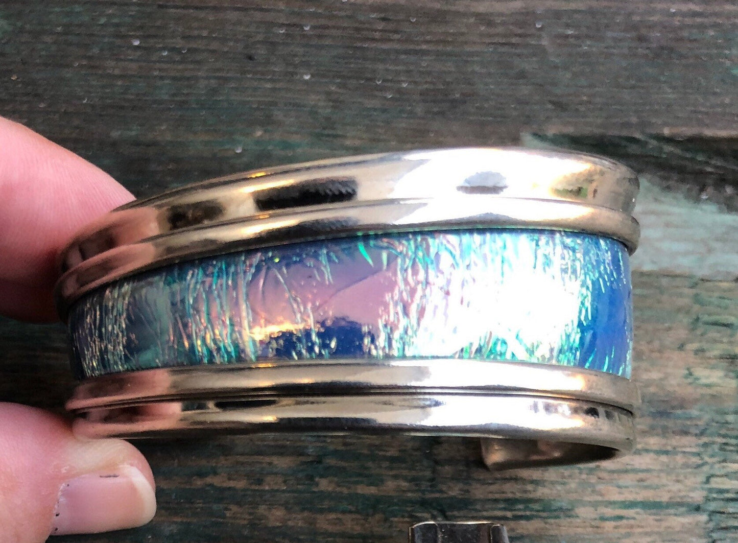 Sterling Silver & Abalone Mother of Pearl Inlay Abstract Modernist Cuff