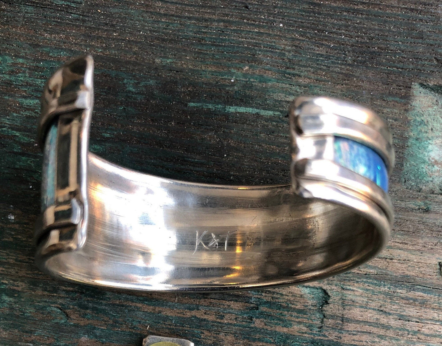 Sterling Silver & Abalone Mother of Pearl Inlay Abstract Modernist Cuff