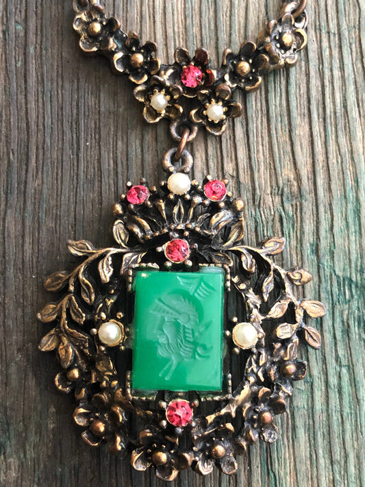 Chrysoprase Roman Soldier Cameo Brass Art Nouveau Pink Crystal & Pearls Necklace