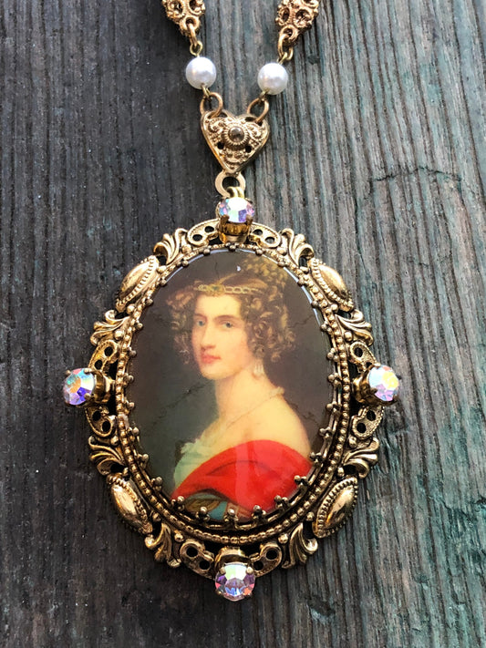 West German 1940 Vintage Limoge Portrait Cameo Gold Brass Filigree Necklace with Aurora Borealis Crystal Rhinestones and Pearls