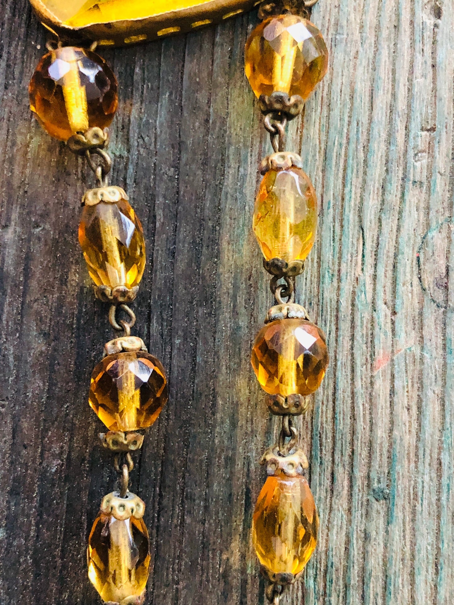Antique Czechoslovakian Citrine Crystal Necklace with large Brass set center faceted stone and faceted crystal beads