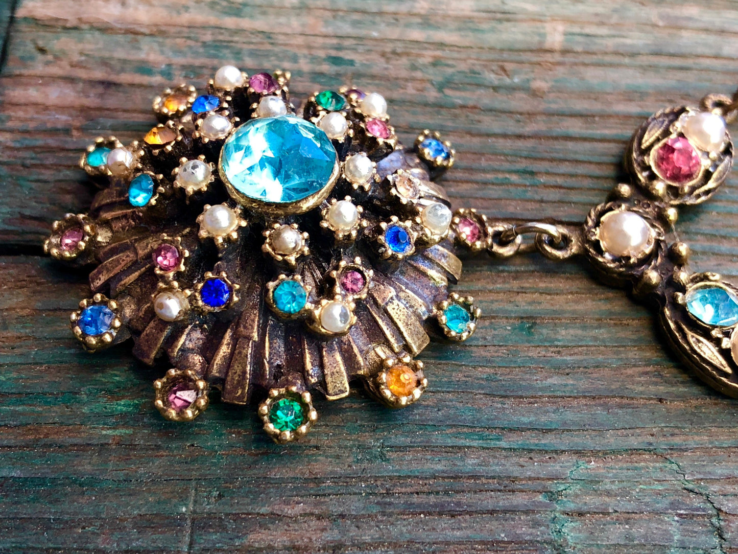 Gorgeous Fruit Salad Multi Colored Crystal Rhinestone & Pearl Brass Necklace