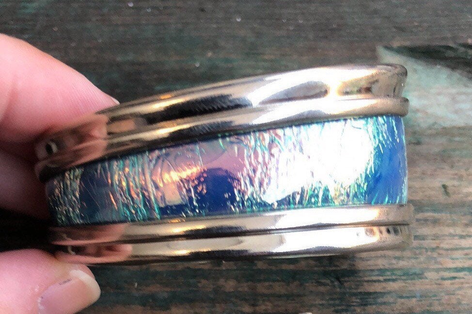 Sterling Silver & Abalone Mother of Pearl Inlay Abstract Modernist Cuff