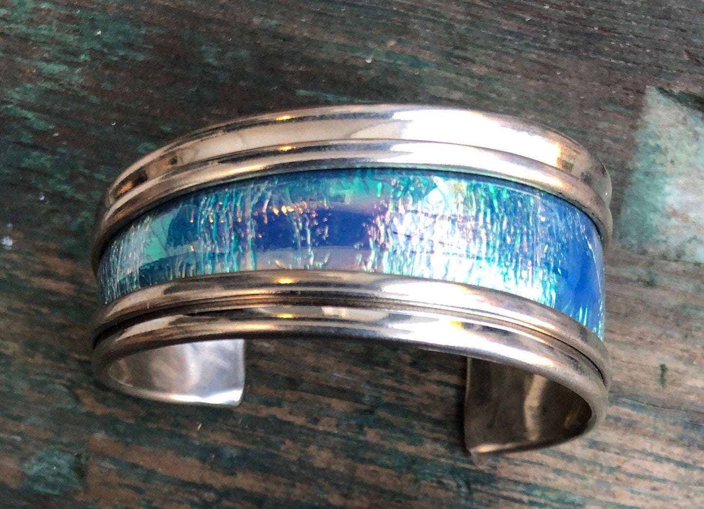 Sterling Silver & Abalone Mother of Pearl Inlay Abstract Modernist Cuff