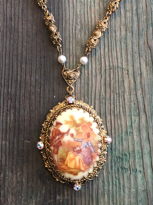 Antique Courting Couple Limoge Porcelain Portrait West German Brass Filigree Necklace with Aurora Borealis Crystal