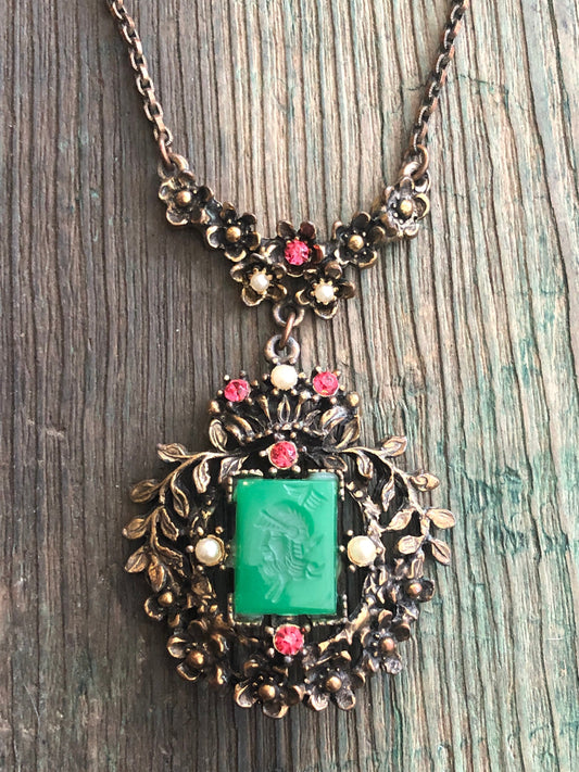 Chrysoprase Roman Soldier Cameo Brass Art Nouveau Pink Crystal & Pearls Necklace