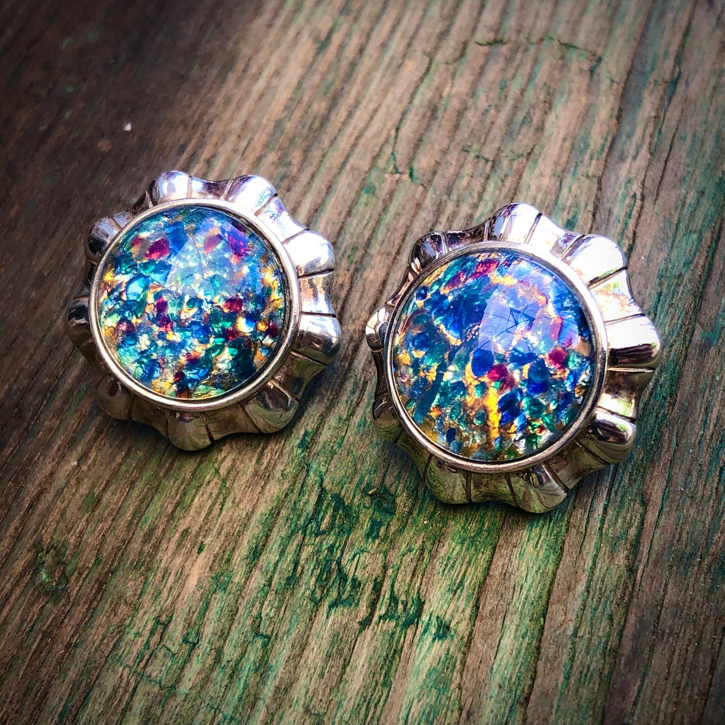 Dragons Breath Fire Opal Art Glass Sterling Silver Large Button Earrings
