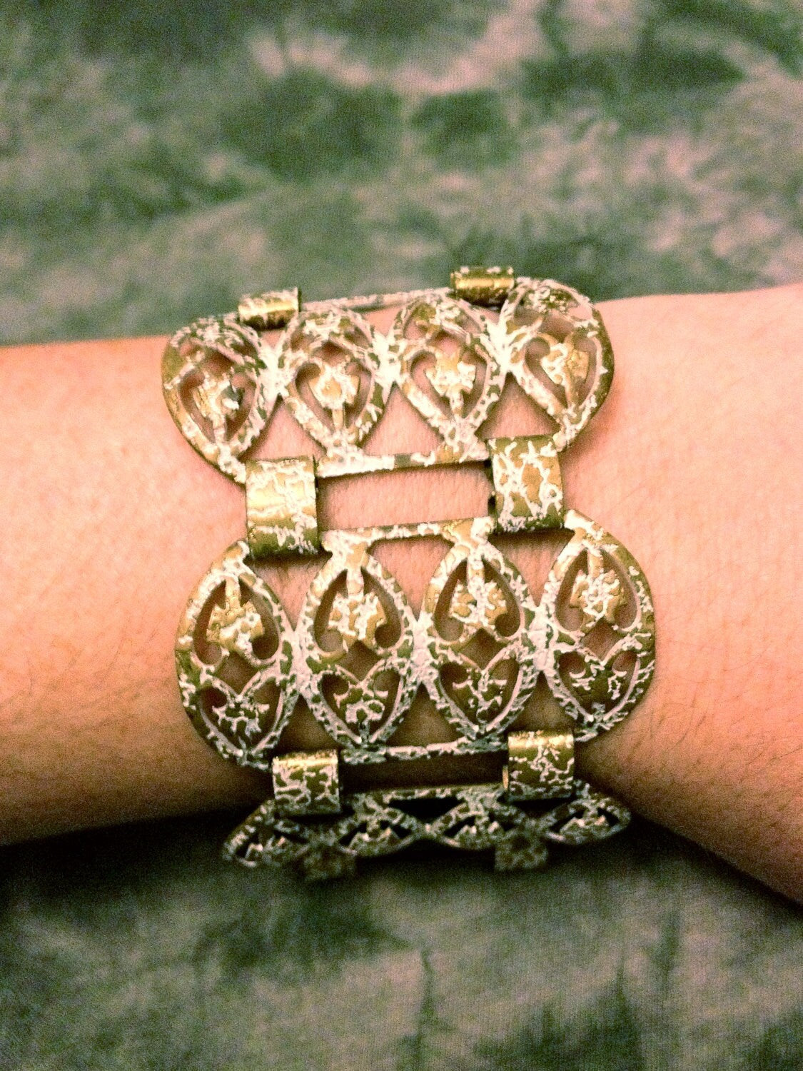 RARE Beautiful Vintage Brass Open Work Filigree Art Nouveau Bracelet with Aged White Enamel Splatter Detail