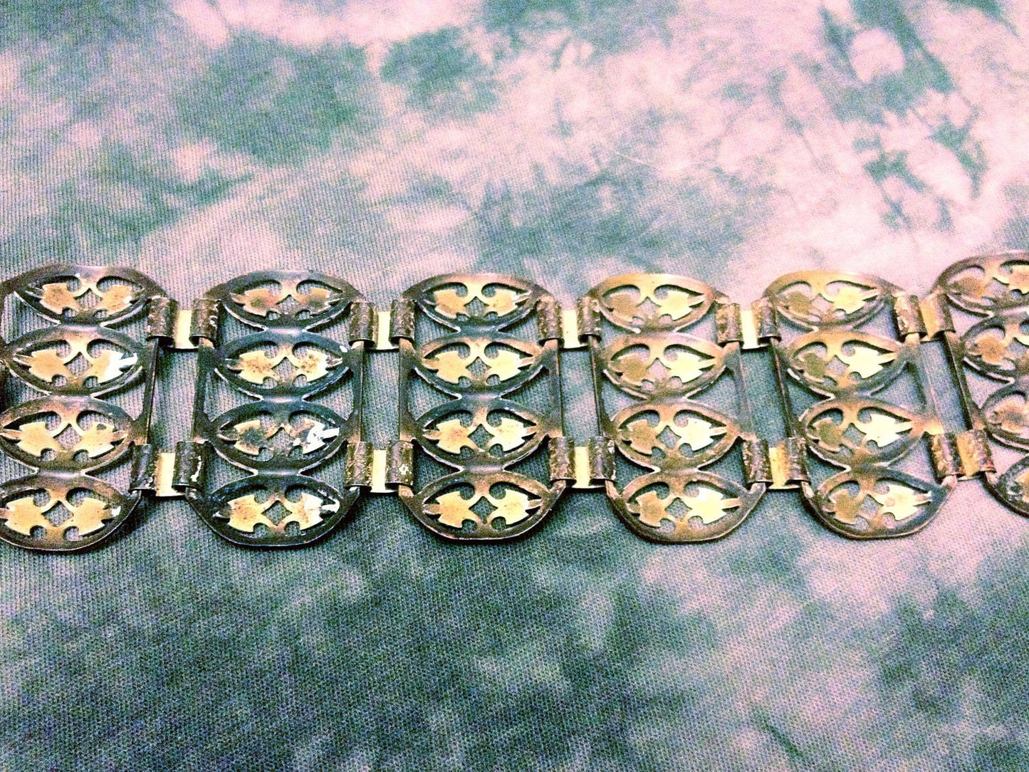 RARE Beautiful Vintage Brass Open Work Filigree Art Nouveau Bracelet with Aged White Enamel Splatter Detail
